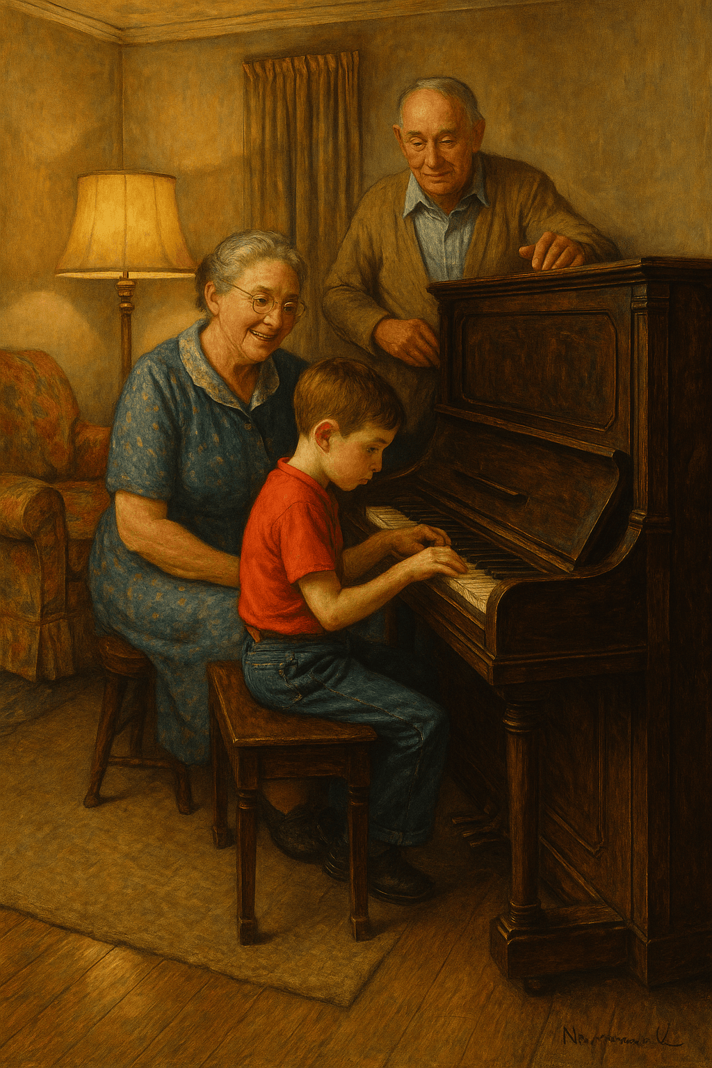 Grandparents and child at the new piano discovering his gifts and talent with music.